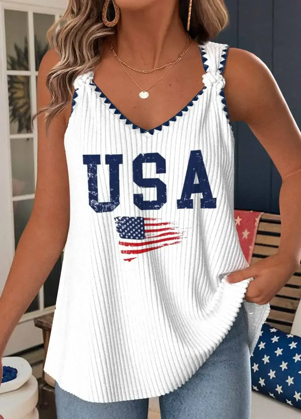 White American Flag Print Strappy V Neck Tank Top