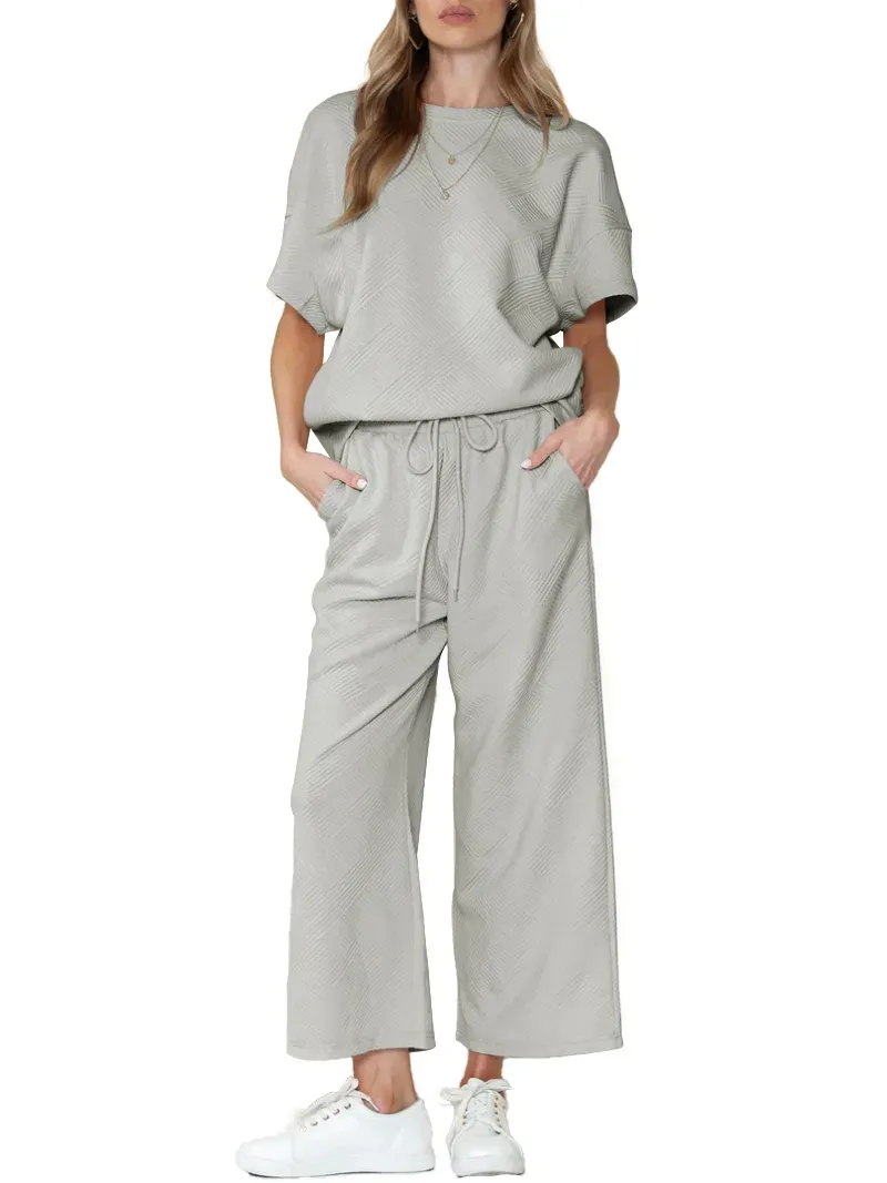 ✨Women's Textured Loose Fit T Shirt and Drawstring Pants Casual Set
