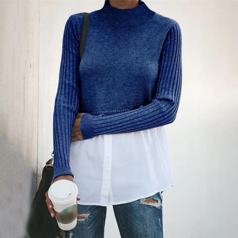 Commuting Solid Color Fake Two Pieces Pullover Jumper