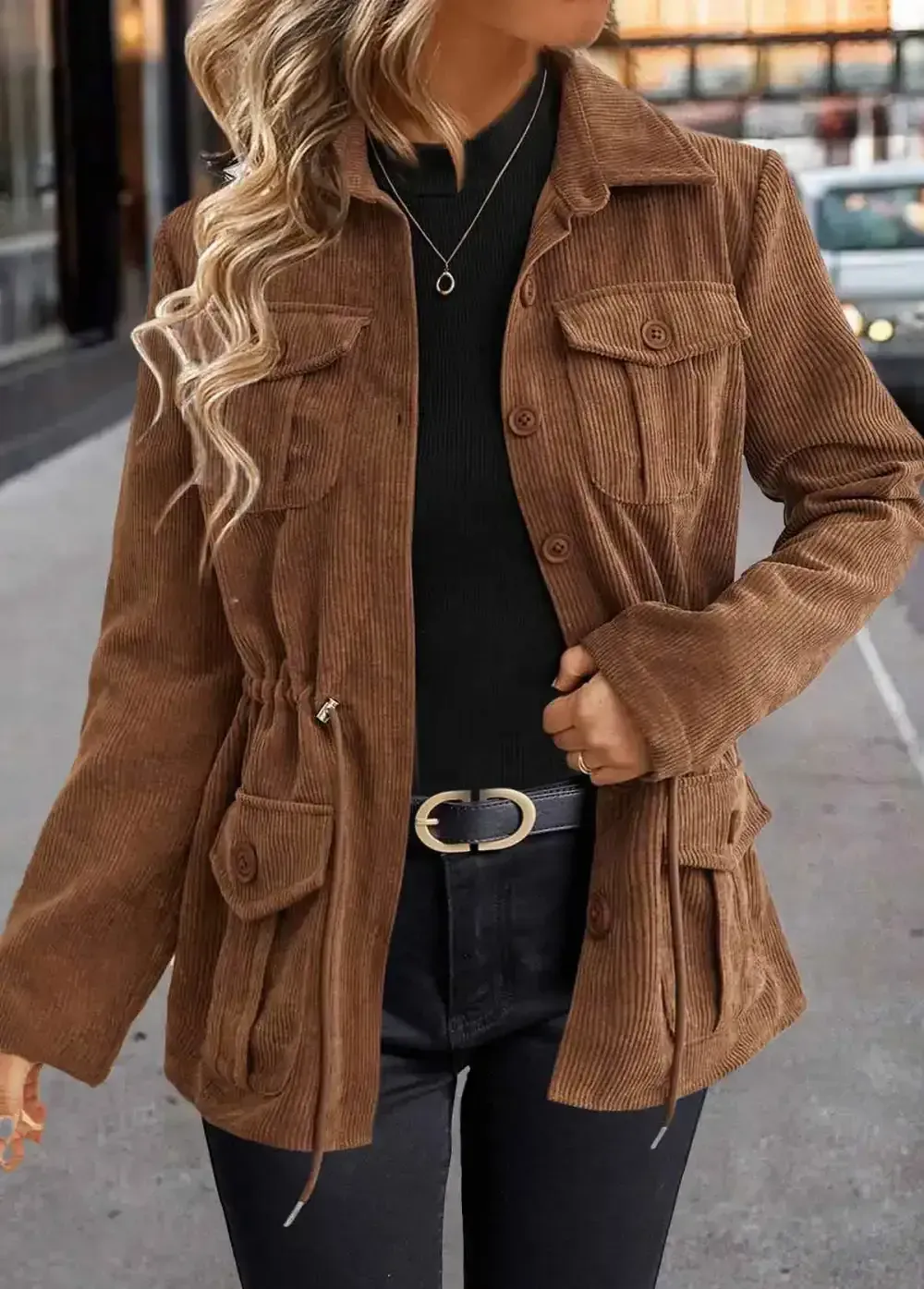 Dark Coffee Drawstring Long Sleeve Shirt Collar Coat