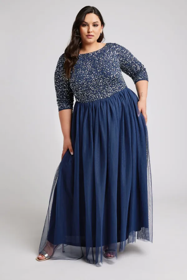 LUXE Curve Black Sequin Hand Embellished Maxi Dress
