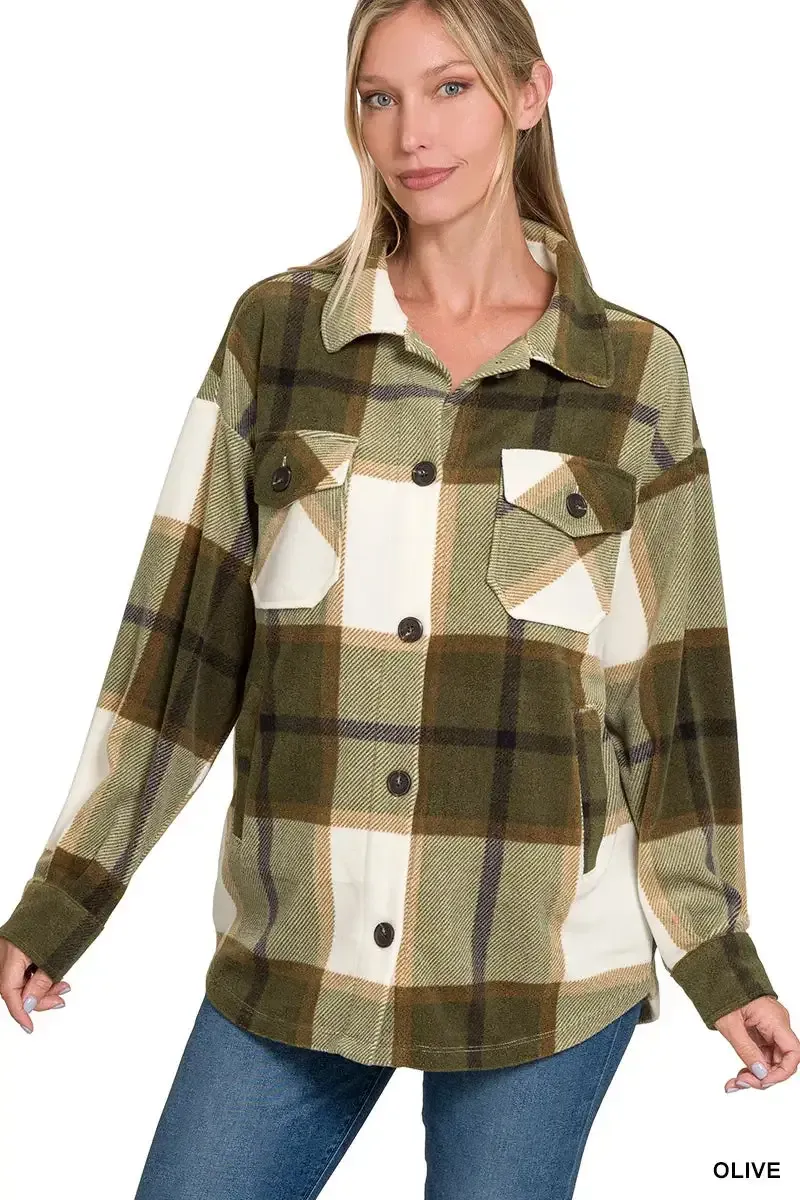 Zenana Oversized Green Plaid Fleece Shacket