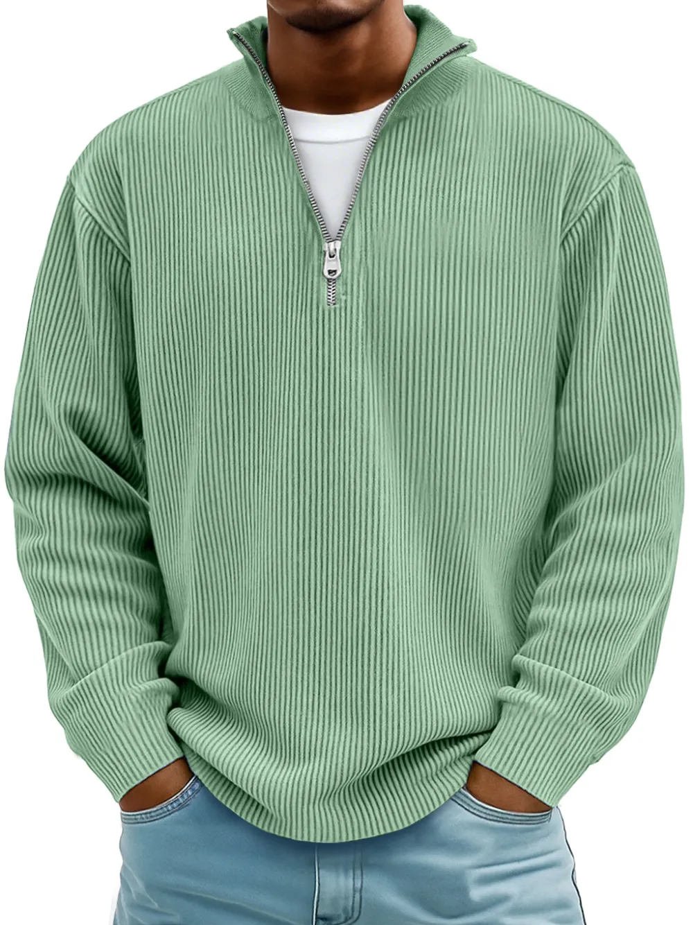 Men's Simple Casual Ribbed Stand Collar Zipper Long Sleeve T-shirt