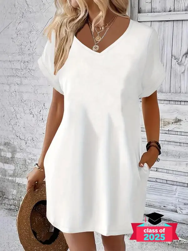 Women's V-Neck T-Shirt Dress – Casual Short Sleeve Summer Dress for Everyday Wear