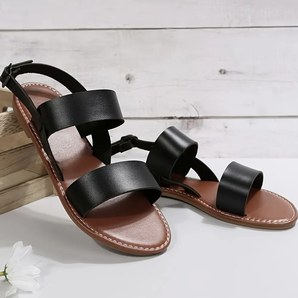 Women's Flat Ankle Strap Sandals, Solid Color Open Toe Non-slip Shoes, Casual Lightweight Beach Shoes