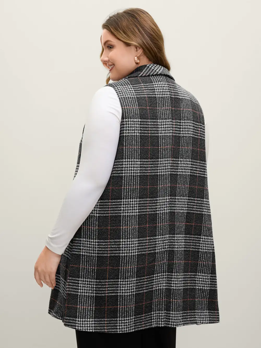 Textured Plaid Pattern Pockets Long Vest