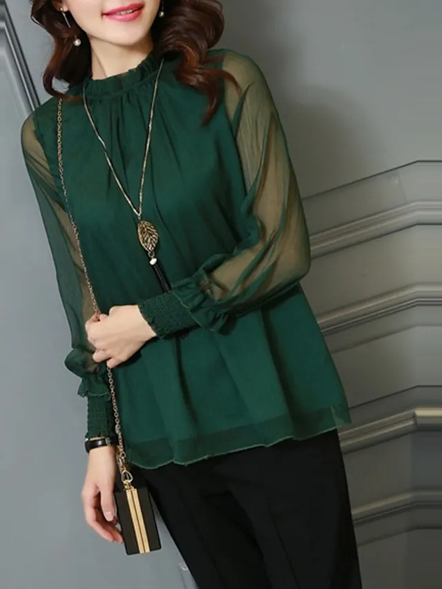 Women's Shirt Blouse Eyelet top Turtleneck shirt Wine Black White Mesh See Through Long Sleeve Office Work Business Basic Casual Regular Regular Fit Lantern Sleeve M
