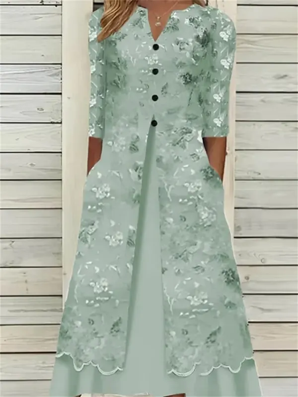 Women's Casual Dress Summer Dress Print Dress Floral Button Pocket V Neck Midi Dress Fashion Streetwear Outdoor Daily 3/4 Length Sleeve Loose Fit Pink Green Light Blue Spring Summer S M L XL XXL