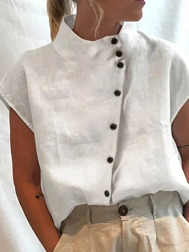 Women's Shirt Blouse Turtleneck shirt Plain Light Blue Black White Button Short Sleeve Casual Fashion Basic Elegant Standing Collar Regular Fit
