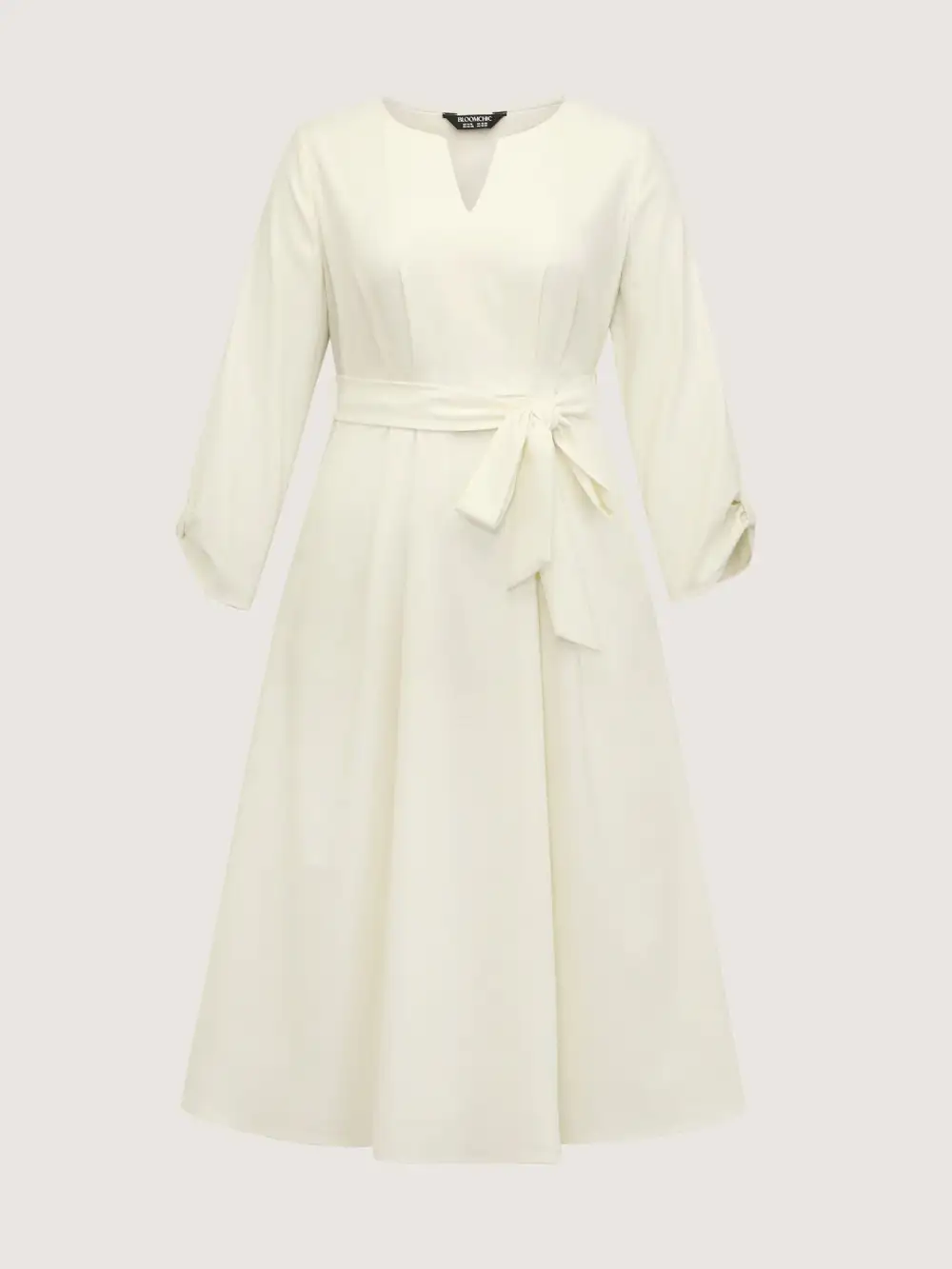 Pleated Split Neck Waist-Tie Maxi Dress