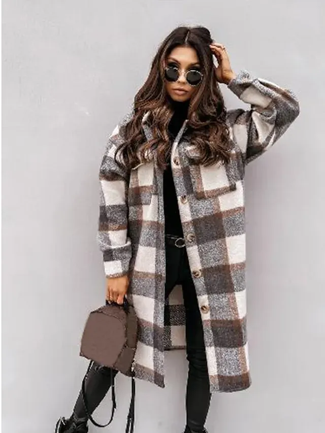 Women's Wool Blend Coat Winter Plaid Shacket Jacket Fall Long Pea Coat with Pockets Single Breasted Over Coat Trench Coat Gray Khaki Brown Modern Street S M L XL XXL / Winter