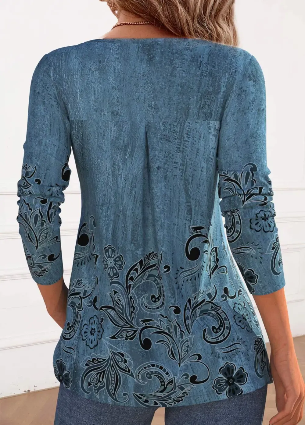 Blue Button Floral Print Long Sleeve T Shirt