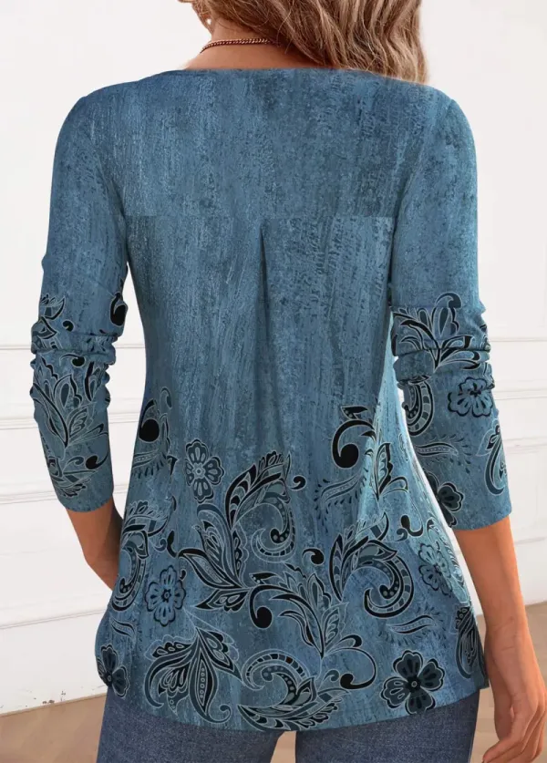 Blue Button Floral Print Long Sleeve T Shirt