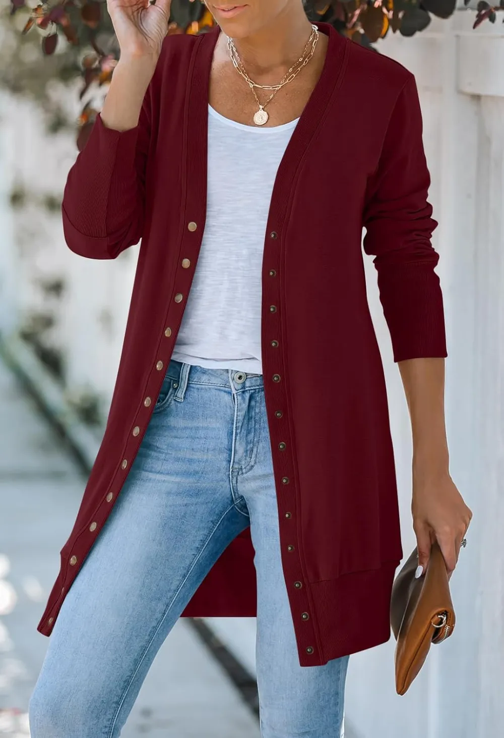 Women's 2024 Fall Long Sleeve Snap Button Down Solid Color Knit Ribbed Neckline Cardigans