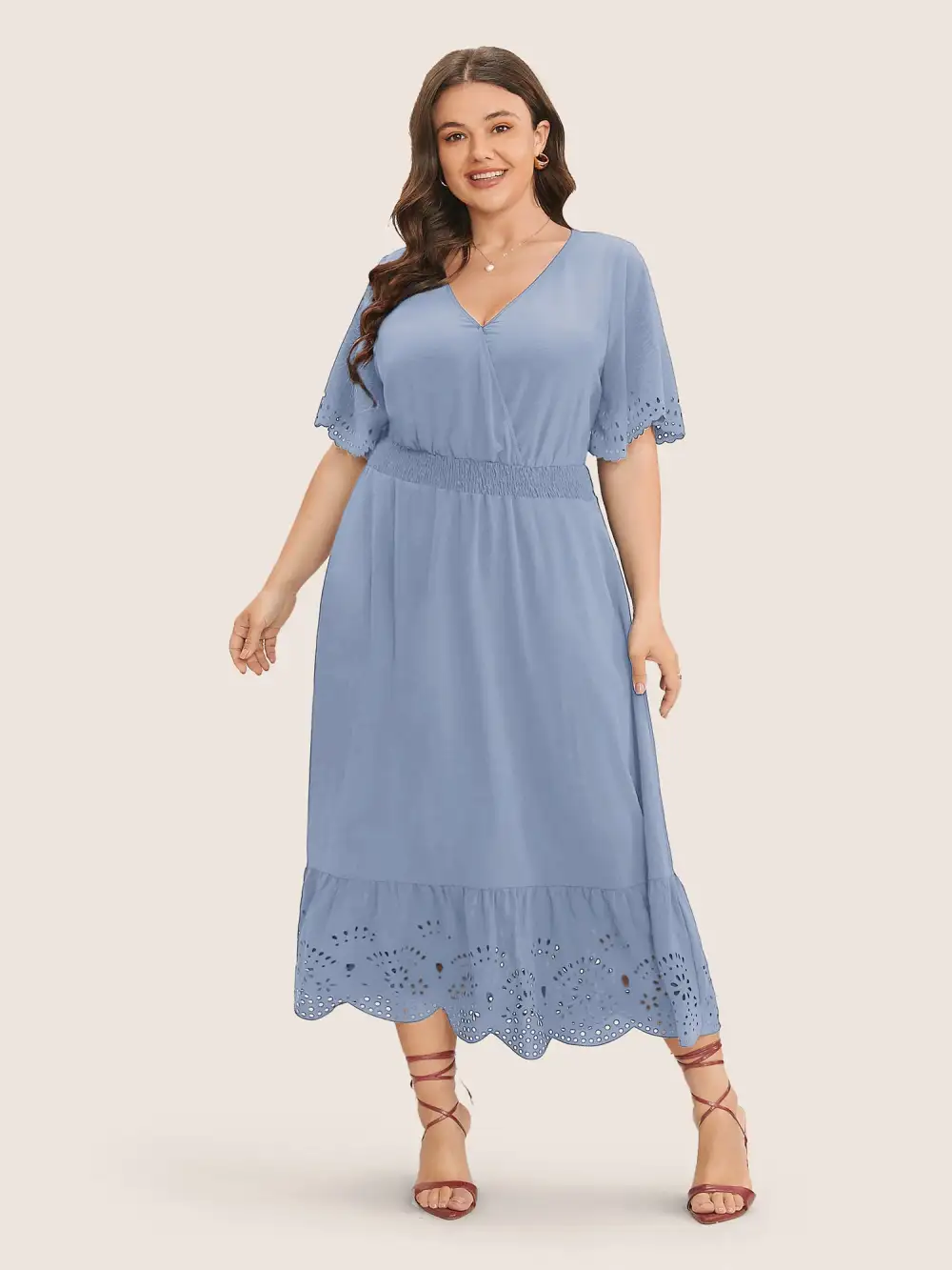 Solid Laser Cut Shirred Pocket Wrap Scalloped Trim Flutter Dress