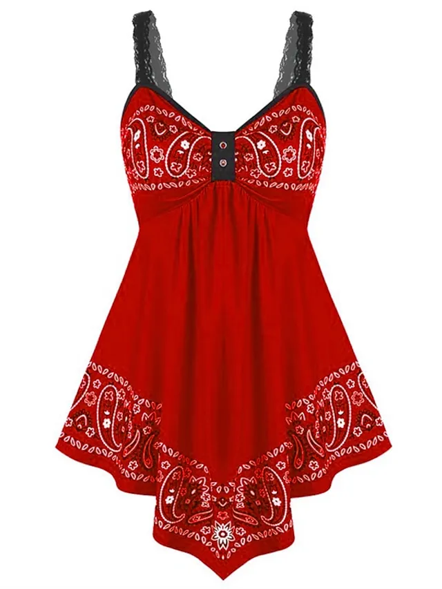 Women's Plus Size Camisole Summer Tops Cotton Floral Black White Red Lace Ruched Backless Sleeveless Daily Back to School Going out Streetwear V Neck Regular Fit Summer Spring