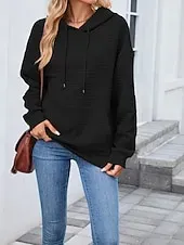 Women's Texture Blouse Pullover Hoodie Sweatshirt Plain Streetwear Casual Long Sleeve Hooded Regular Tops Street Holiday Going out Pocket Black Pink Brown Khaki Gray Fall