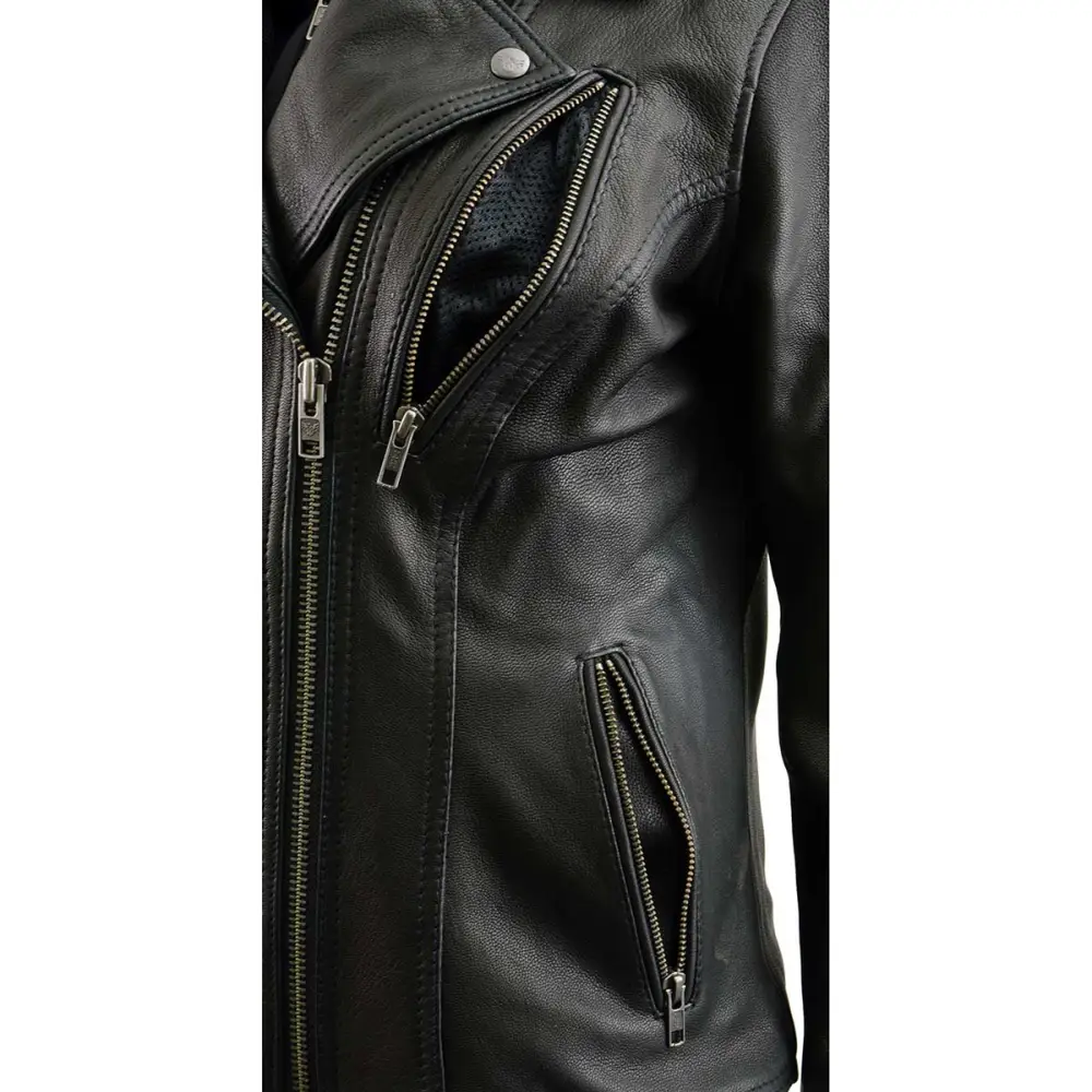 Leather MLL2575 Women's Black Leather Vented Motorcycle Jacket w/ Removable Hoodie