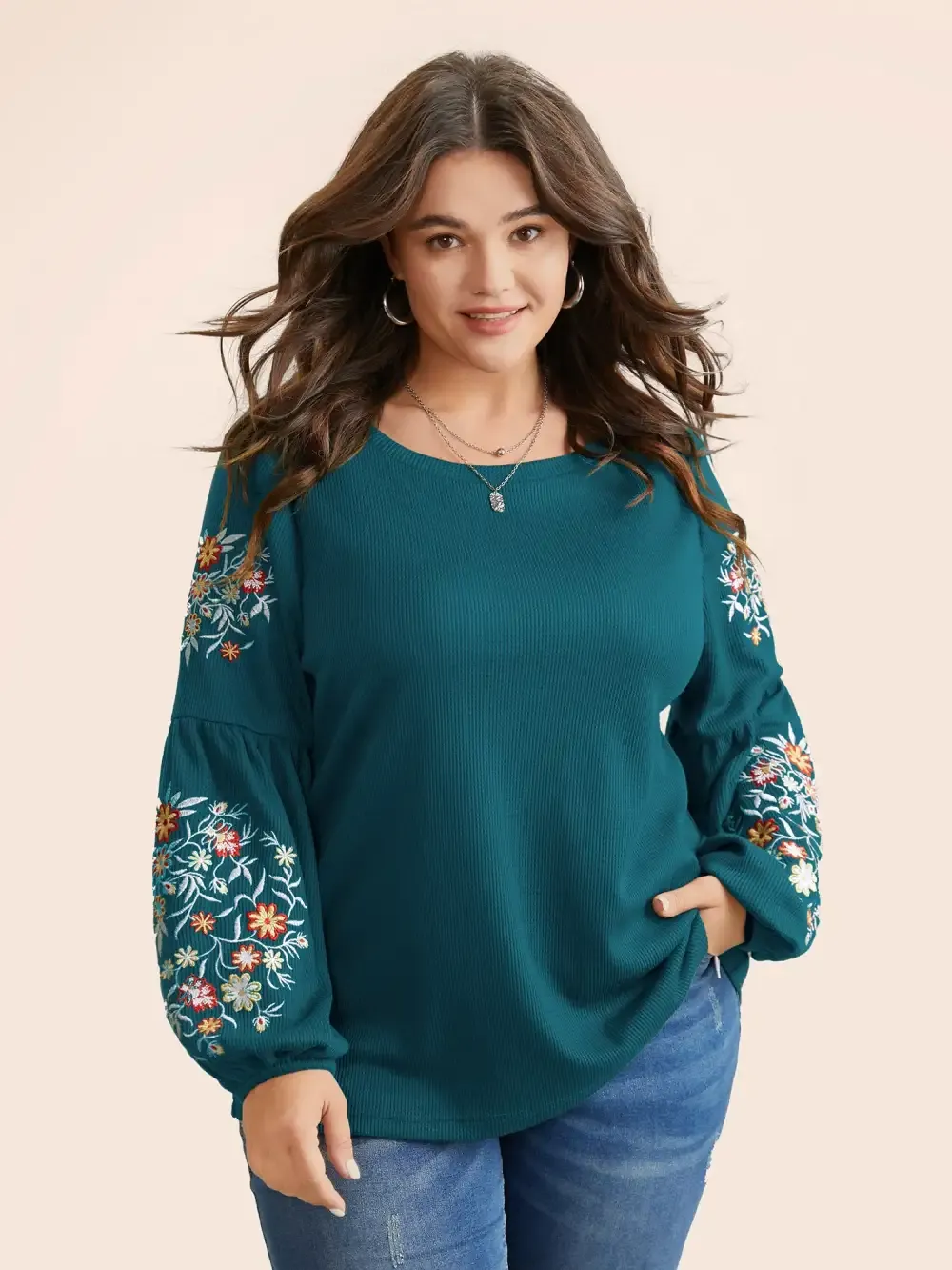 Waffle Knit Floral Embroidered Lantern Sleeve T-Shirt