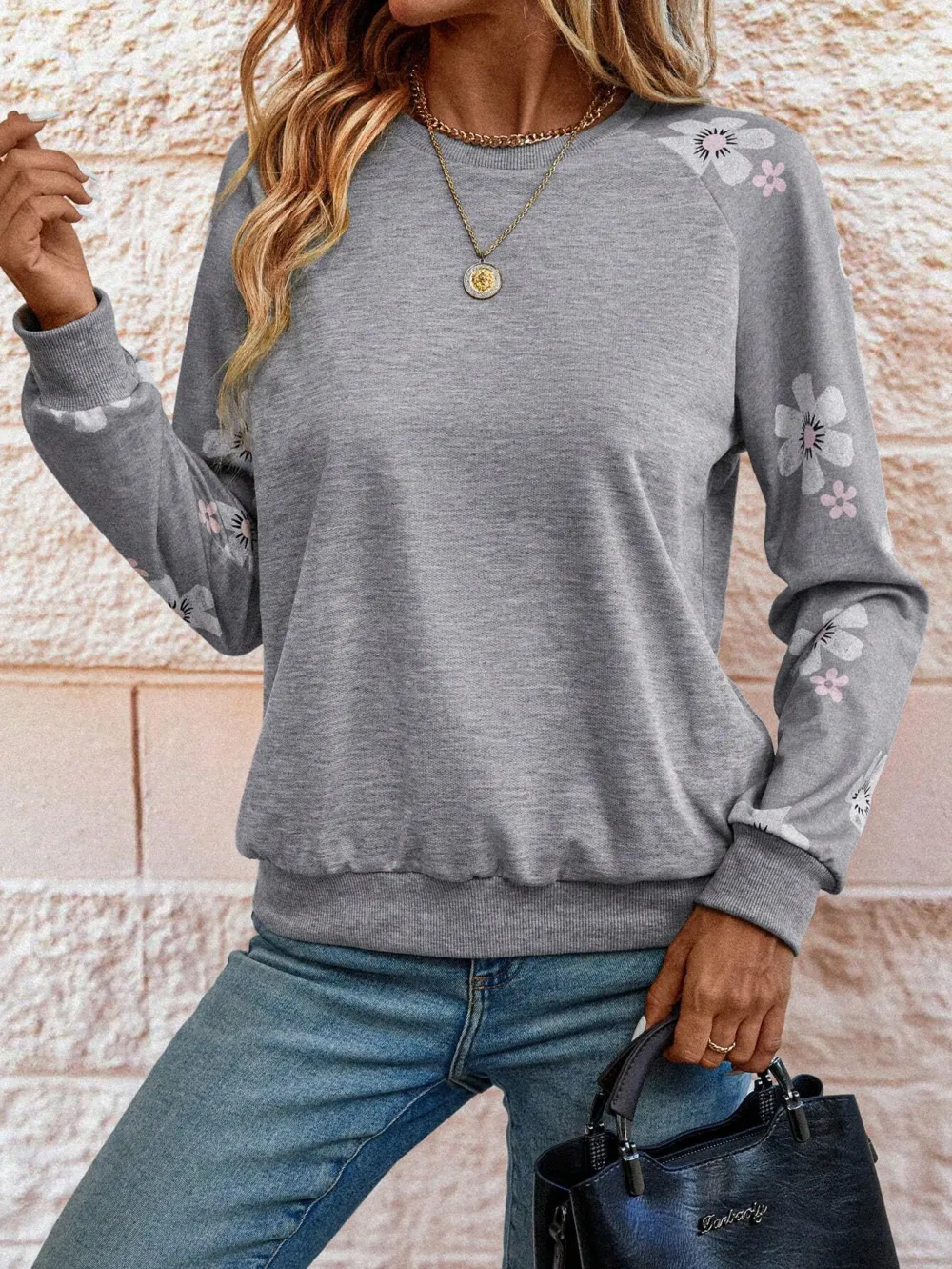 Women's Grey Floral Print Raglan Sleeve Sweatshirt