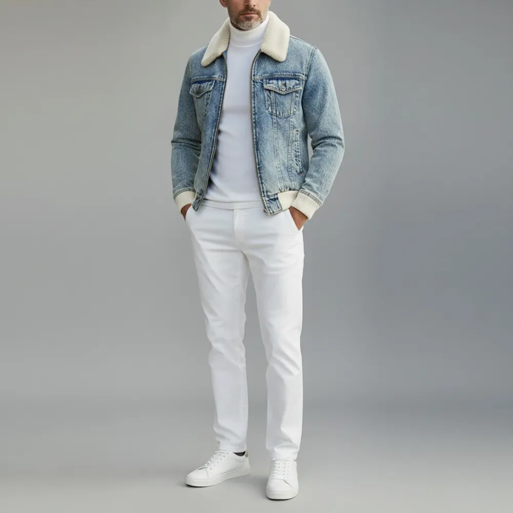 Men's Light Blue Denim Shearling Collar Knit Cuffs Pocket Long Sleeve Zipper Jacket