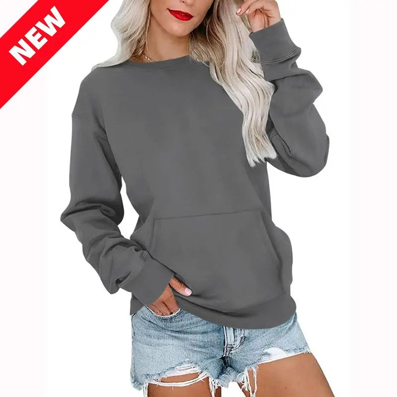Women's Crewneck Hoodless Sweatshirt With Kangaroo Pocket Fleece Longsleeve Oversized Casual Style Shirt