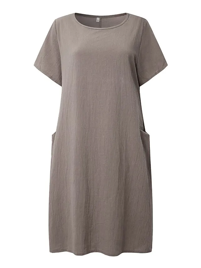 Women‘s Shift Dress Knee Length Dress Short Sleeve Pure Color Pocket Spring Summer Crew Neck Basic Casual Classic Loose 2023 S M L XL 2XL 3XL 4XL 5XL / Cotton