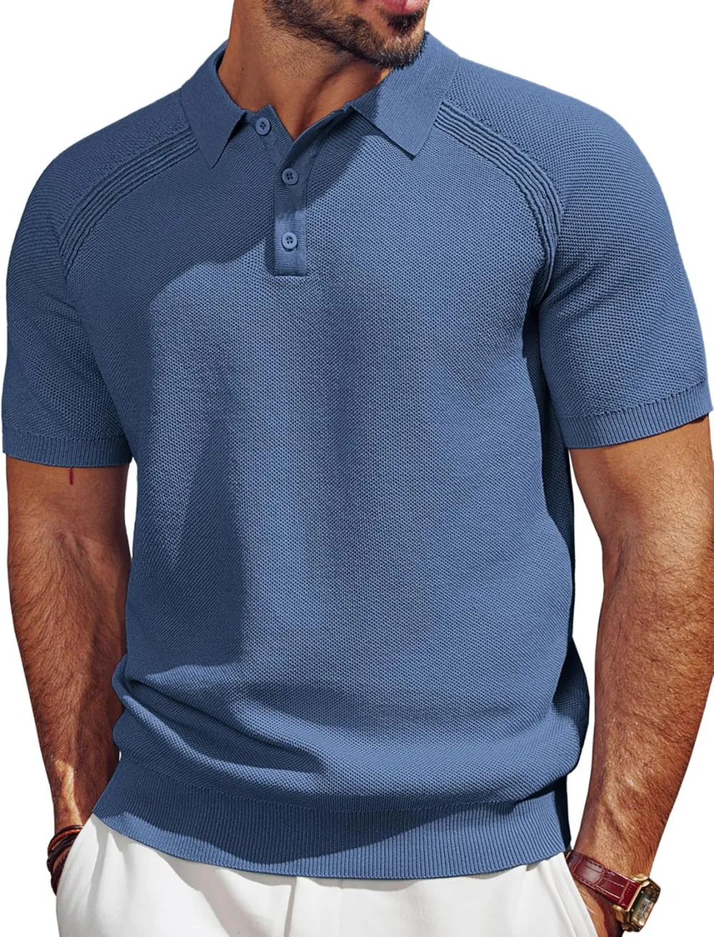 Men's Polo Shirt Short Sleeve Textured Knit Button Shirts Raglan Sleeve Casual Golf Shirt