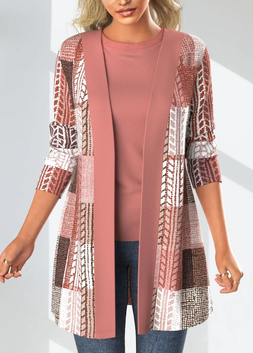 Pink Patchwork Geometric Print Long Sleeve Coat