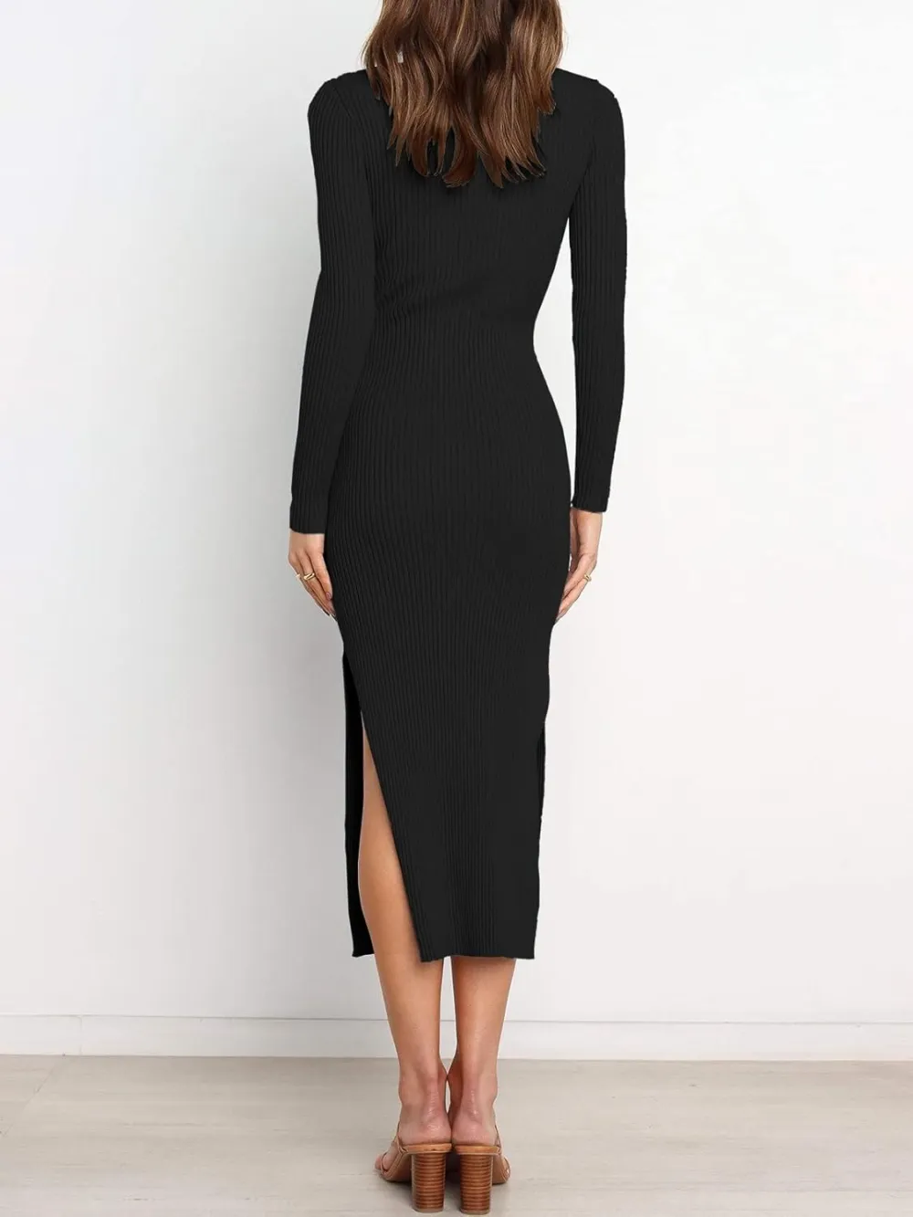 Long Sleeve Sweater Dress Crew Neck Slim Fit Slit Tie Waist 2024 Ribbed Knit Bodycon Midi Dress Fall Outfits