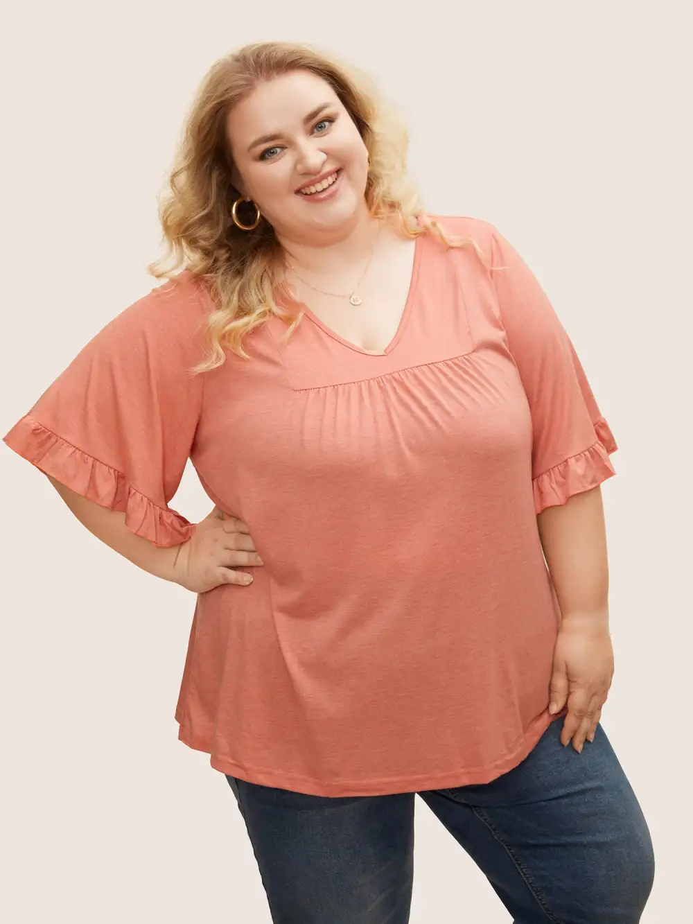 Solid Gathered Ruffle Trim Flounce Sleeve T-shirt