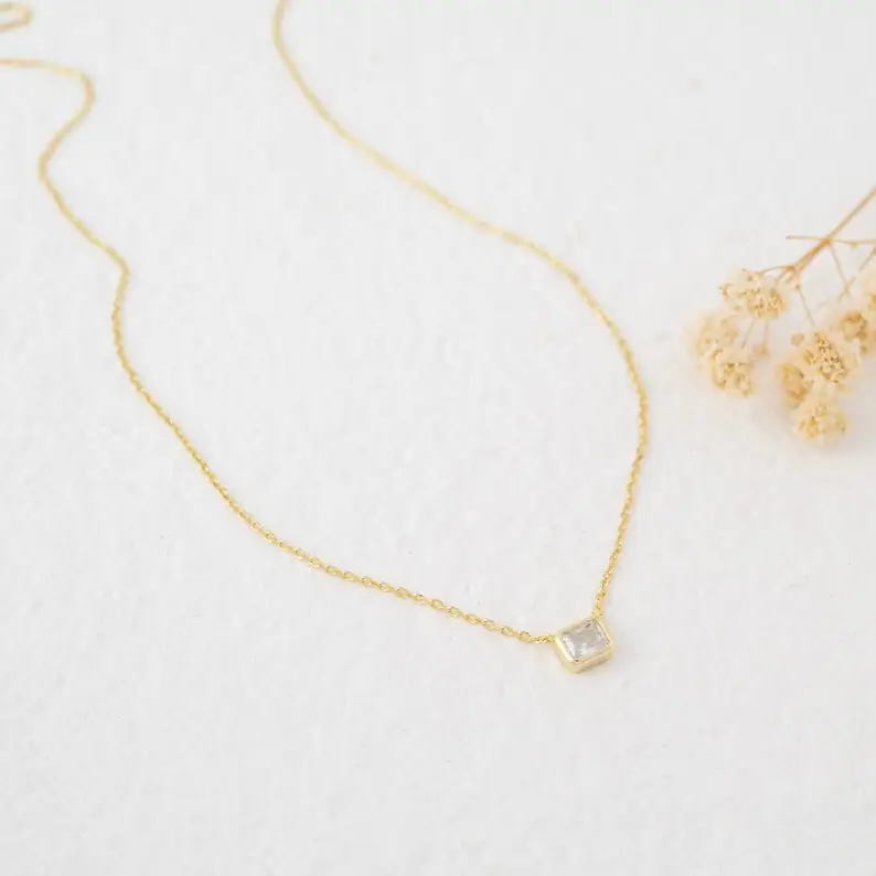 Bezel Cubic Zirconia Necklace, Baguette Necklace, Rectangle Necklace, Pendant Necklace, Minimalist Necklace, Dainty Necklace, Gift for Her,