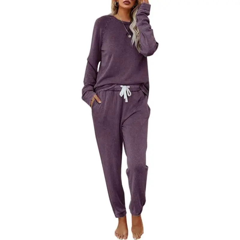 Women's Solid Sweatsuit Set 2 Piece Long Sleeve Pullover and Drawstring Sweatpants Sport Outfits Sets