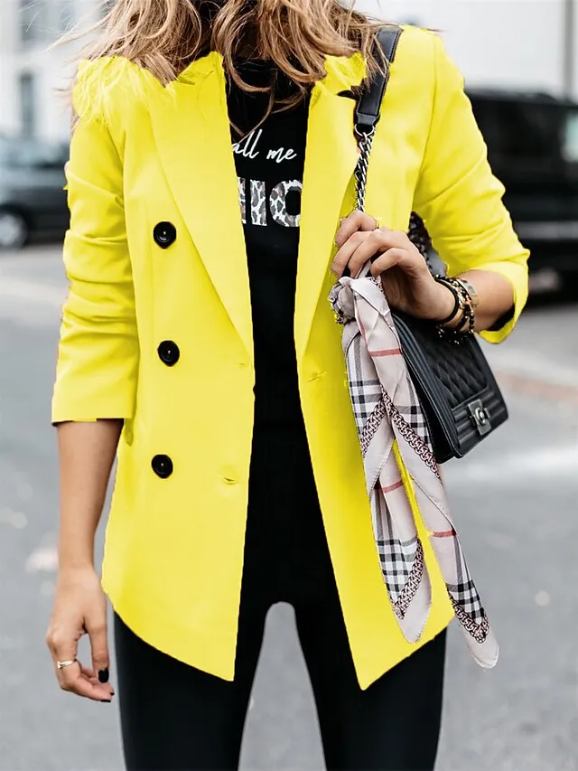 Women's Blazer Outdoor Button Solid Color Warm Fashion Regular Fit Outerwear Long Sleeve Fall Light Blue S
