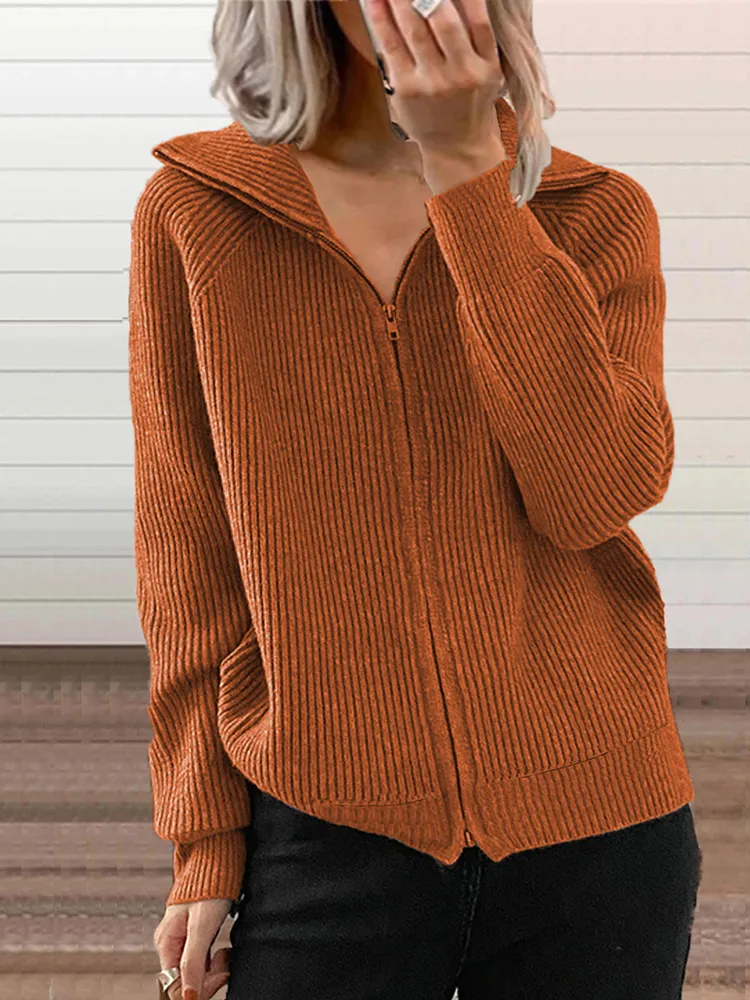 Fashionable Solid Color Loose Knit With Zipper Lapel Sweater