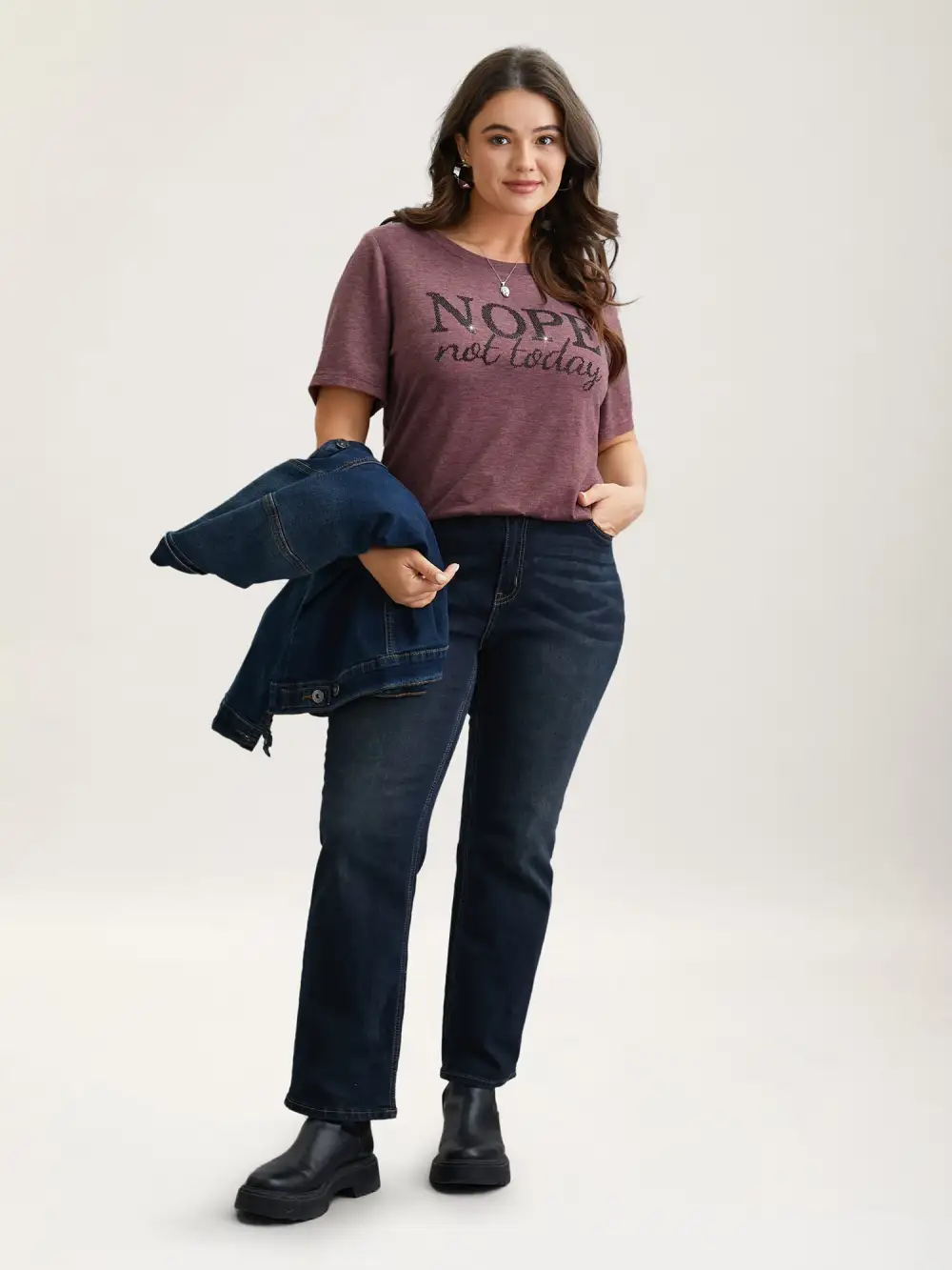 Nope Not Today Print Rhinestone Round Neck T-Shirt