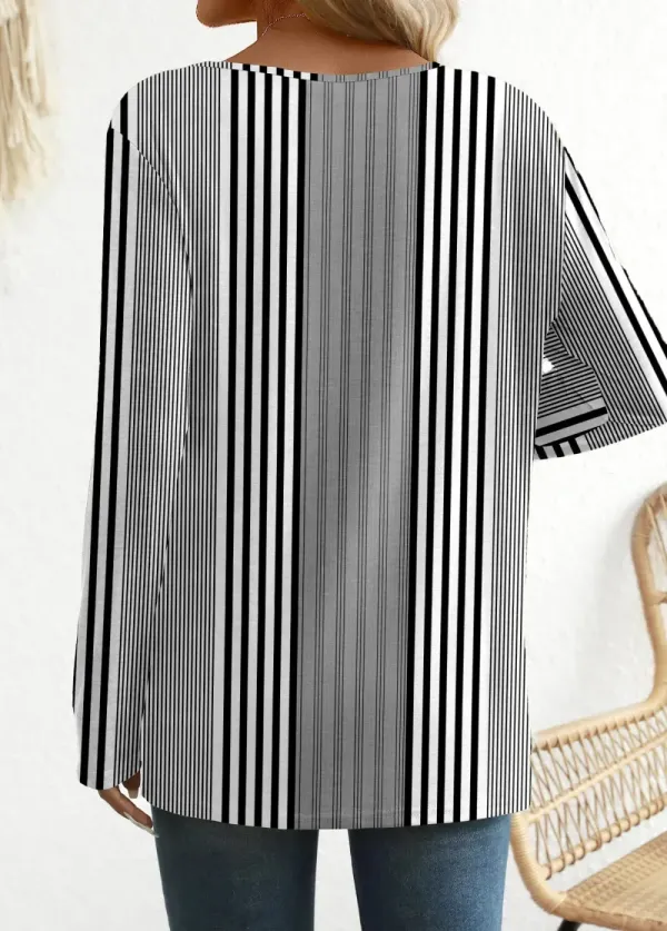 Black Patchwork Striped Long Sleeve Round Neck T Shirt