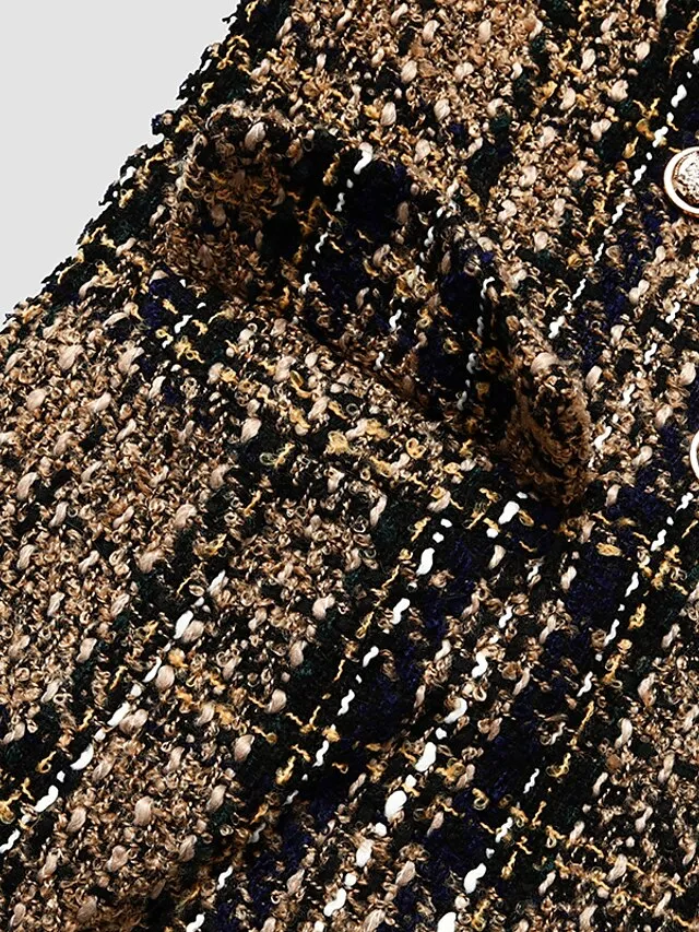 Women's Blazer Tweed Maillard Plaid Long Sleeve Coat Fall Winter Business Double Breasted Regular Jacket Green Brown XL 2XL 3XL