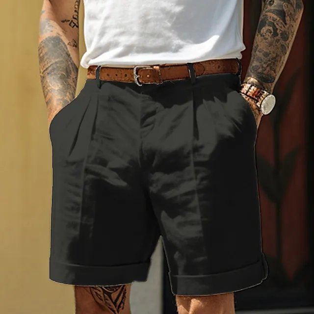 Men's Shorts Linen Shorts Summer Shorts Pleated Shorts Pocket Pleats Straight Leg Plain Comfort Breathable Short Casual Daily Holiday Linen Cotton Blend Fashion Designer Black White