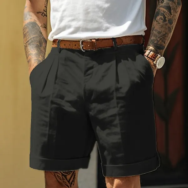 Men's Shorts Linen Shorts Summer Shorts Pleated Shorts Pocket Pleats Straight Leg Plain Comfort Breathable Short Casual Daily Holiday Linen Cotton Blend Fashion Designer Black White