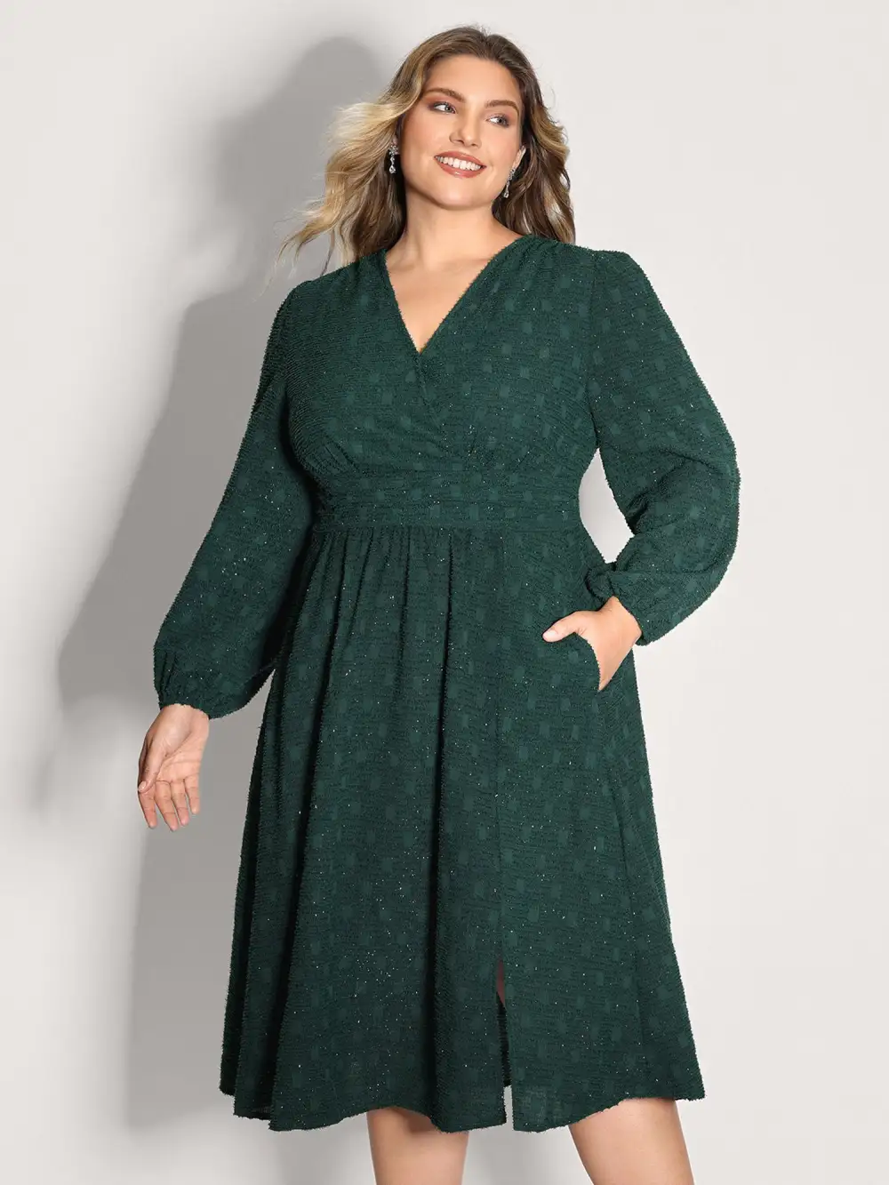 Woven Pleated Waist-Defining Wrap Midi Dress