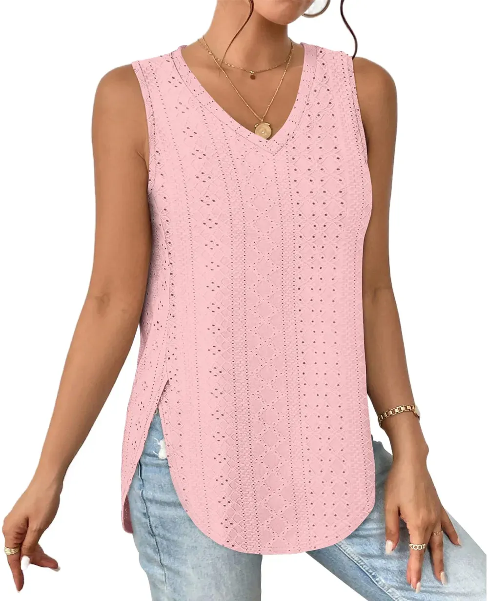 ✨ Womens V Neck Eyelet Embroidery Casaul Sleeveless Shirts