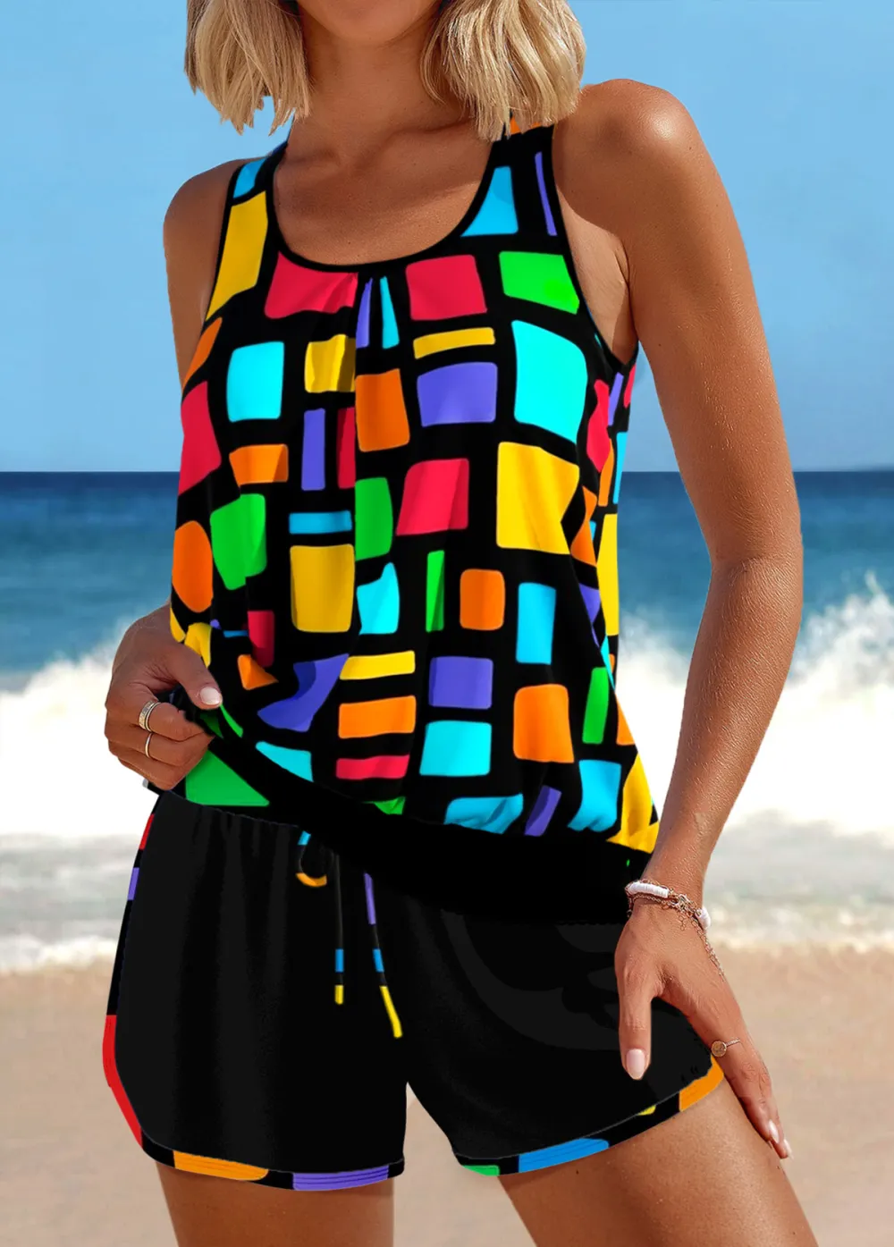 Patchwork Multi Color Geometric Print Tankini Set