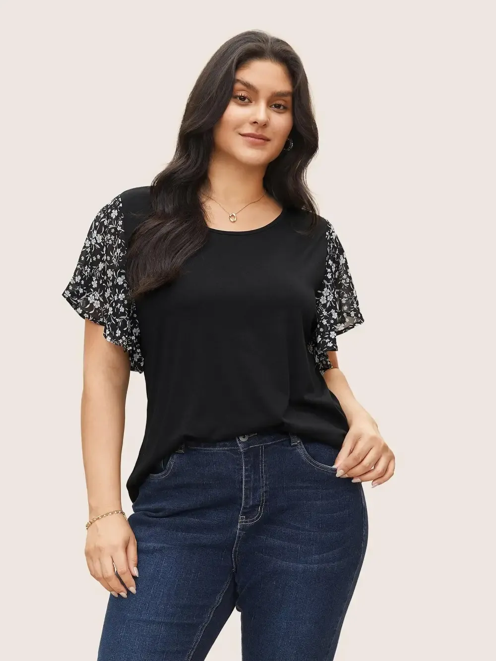 Ditsy Floral Ruffle Sleeve Round Neck T-shirt