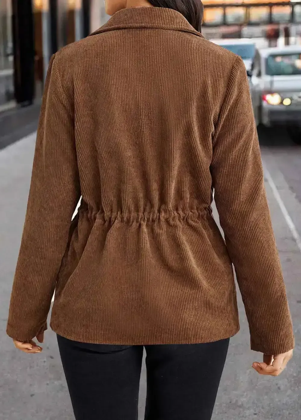 Dark Coffee Drawstring Long Sleeve Shirt Collar Coat