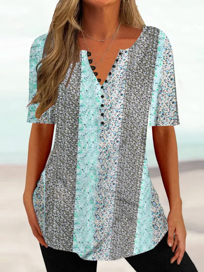 Women Half Sleeve V-neck Floral Printed Button Tops