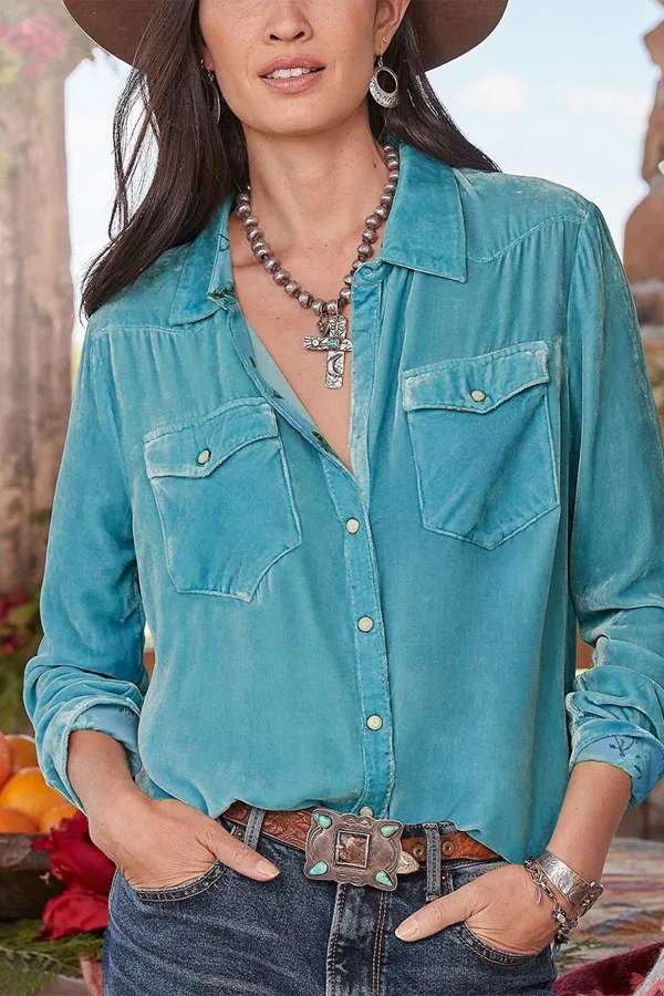 Velvet Button Detailed Long Sleeve Blouse