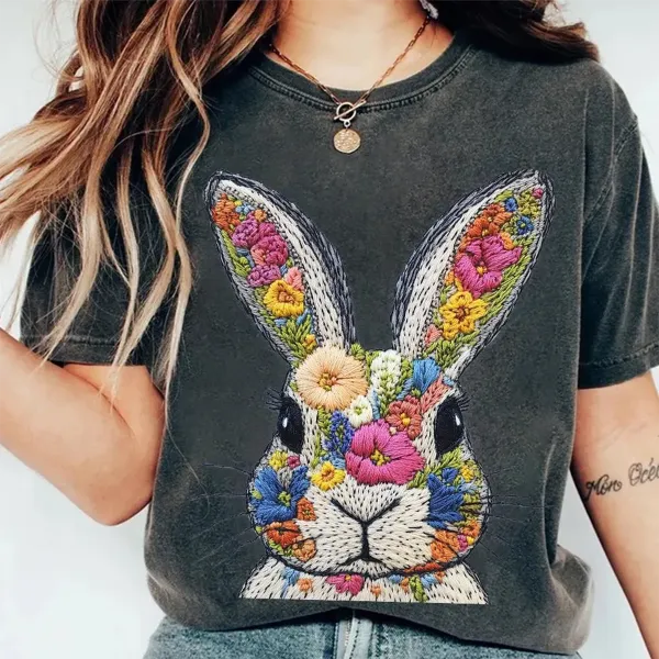 Easter Floral Bunny Printed Round Neck Short Sleeve T-Shirt