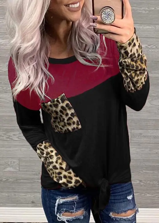 Round Collar Pocket Leopard Splice Long Sleeve T-shirt