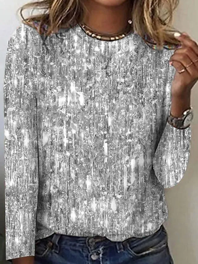 Women's T shirt Tee Silver Light Green Pink Graphic Print Long Sleeve Daily Weekend Fashion Basic Elegant Round Neck Regular Fit Painting Fall & Winter